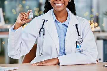 Image showing Covid, vaccine and happy doctor for healthcare solution, compliance and insurance in office bokeh. Hospital, clinic or pharmacy black woman with corona virus in liquid bottle or product background