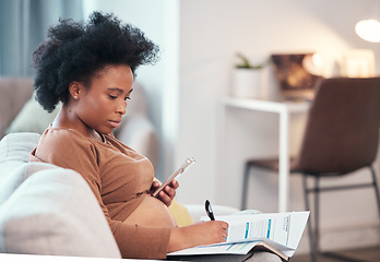 Image showing Planning, writing and pregnant woman at home with online application, healthcare or life insurance on phone. Pregnancy mother on smartphone with clinic form, gynecology documents or paperwork on sofa