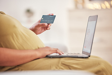 Image showing Pregnancy hands, credit card and laptop online shopping, ecommerce or financial payment for customer experience. Pregnant woman or mother and computer for fintech, digital app and banking service