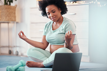 Image showing Laptop, pregnant black woman and yoga exercise in home for fitness, wellness and health. Zen lotus, pregnancy and future mother with computer for virtual training or streaming online pilates class.