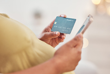 Image showing Pregnancy hands, credit card and phone online shopping, ecommerce or financial payment for customer experience. Pregnant woman or mother and smartphone for fintech, digital app and banking service