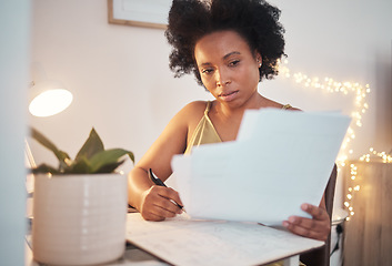 Image showing Trading, invoice and black woman writing a budget, working on tax and home accounting. Finance, loan and African girl with documents for payment, contract and entrepreneurship business investment