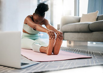 Image showing Yoga, stretching and black woman in online class for fitness, pilates training and home learning on laptop. Meditation, workout and person in living room with computer video or webinar for balance