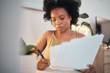 Image showing Bills, paperwork and black woman writing a report, working on tax and home accounting. Finance, loan and African girl with documents for payment, contract and entrepreneurship business investment