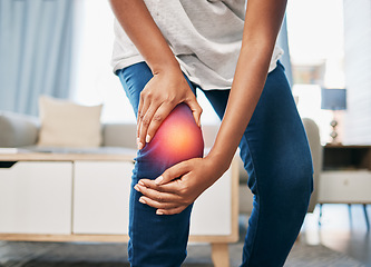 Image showing Knee pain, injury and black woman, health and emergency, medical problem, accident at home and red overlay. Orthopedic healthcare, inflammation and muscle tension, stress on joint and hands hold leg