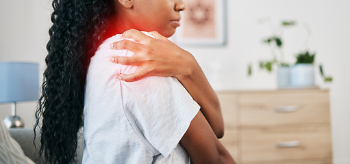 Image showing Shoulder pain, injury and black woman, health and emergency, medical problem with accident and red overlay. Orthopedic healthcare, inflammation and muscle tension, stress on joint and injured person
