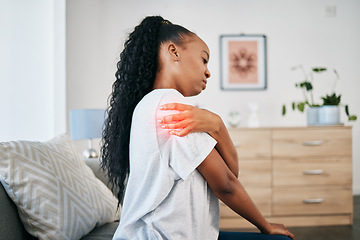 Image showing Pain in arm, injury and black woman, health and emergency, medical problem with accident and red overlay. Orthopedic healthcare, inflammation and muscle tension, stress on shoulder and injured person