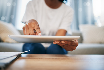 Image showing Typing, zoom and hands with a tablet for communication, social media and digital search online. Contact, email and woman with technology for internet, chat on an app and working on the web at home