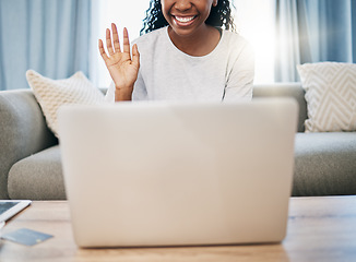 Image showing Wave, student or black woman on laptop video call, webinar or online for college, education or communication in home. University, internet or girl on tech networking, virtual assistance or training