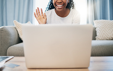 Image showing Wave, education or black woman on laptop video call, webinar or online for college, school or communication in home. University, internet or girl on tech networking, virtual assistance or training