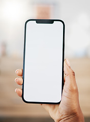 Image showing Mockup screen, black woman or hand on smartphone for communication, marketing advertising or networking with white background. Digital, space or girl with phone for social media, website or internet