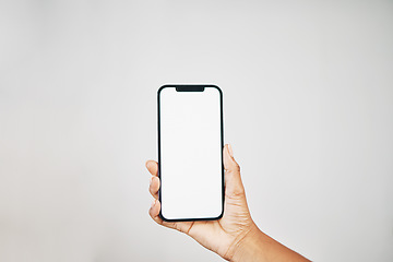 Image showing Mockup screen, black woman or hand with phone for communication, marketing advertising or networking with white background. Digital, space or girl on smartphone for social media, website or internet