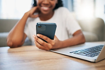 Image showing Relax, hand or black woman. student with phone for internet research, search or networking for university project. Education or girl on smartphone for communication, social media or reading blog
