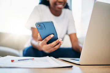 Image showing Student, phone black woman hands on laptop for internet research, search or networking for university project. Education, hand or girl with smartphone for communication, social media or reading blog