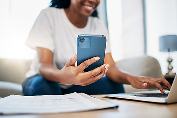 Image showing Student, phone or black woman hands on laptop typing for internet research, search or networking for university project. Education, hand or girl on smartphone for communication, social media or blog