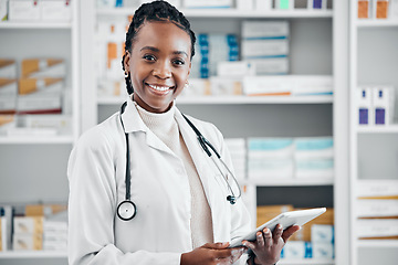 Image showing Black woman, pharmacist portrait and tablet for pills stock and health data for wellness. Happy, pharmacy worker and smile of a pharmaceutical consultant with technology ready for online storage job