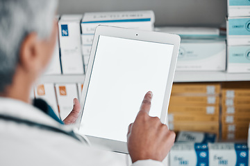 Image showing Digital tablet, mockup and hands of pharmacist for medicine, stock and checklist, prescription or pills. Copy space, screen and female health expert online for internet, search and app for inventory