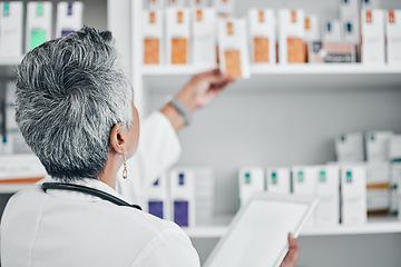 Image showing Tablet, pharmacy and medicine with senior woman and mockup in store for healthcare, wellness or retail. Product, digital and medical with pharmacist and shelf for shopping, prescription or inventory
