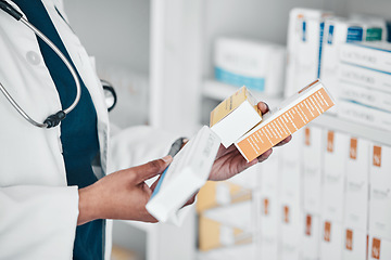 Image showing Pharmacy, healthcare and hands of pharmacist with pills, medicine and medication for medical prescription. Wellness, pharmaceutical store and woman reading label for drugs, vitamins and treatment