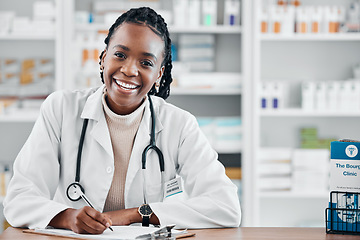 Image showing Black woman, pharmacist portrait and smile consultant with stock and health research for wellness. Happy, pharmacy worker and documents of a pharmaceutical employee ready for healthcare work