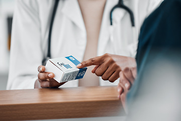 Image showing Pharmacy, patient and hands of pharmacist with pills, medicine and and medication for prescription. Healthcare, pharmaceutical store and black woman with drugs, vitamins and supplements for client