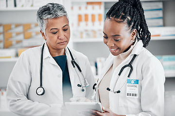 Image showing Pharmacy, tablet and pharmacist women research for healthcare, telehealth services and medicine teamwork. Technology, healthcare and doctors on internet or e commerce for medical pharmaceutical drugs