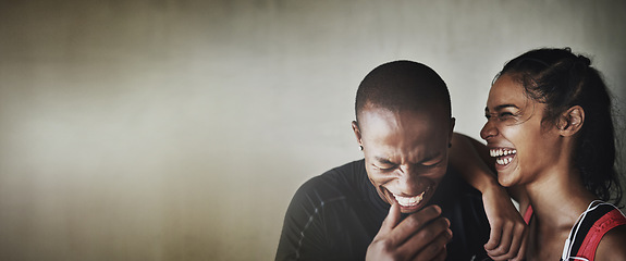 Image showing Fitness, mockup or laughter with a black couple in studio on a gray background for health and humor. Exercise, mock up or funny with a man and woman athlete laughing against a wall in the gym