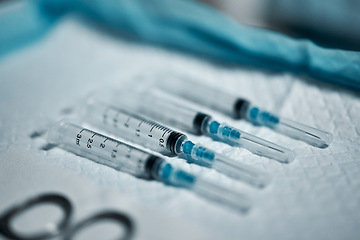 Image showing Needle syringe, healthcare tools and surgery, medicine and medical tray with drugs, procedure and anesthesia closeup. Vaccine, health equipment and hospital with injection, science and medication