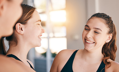 Image showing Happy, conversation and girl with team for sports, training and exercise in morning for water polo. Fitness, teamwork and group of female athletes talking, laughing and smile together at practice