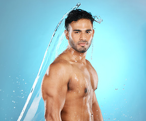 Image showing Water, splash and portrait of model for beauty, skin and skincare cleaning body, muscle and topless. Istanbul, fit and wellness man with moisture, cleanse and hydration isolated in studio background