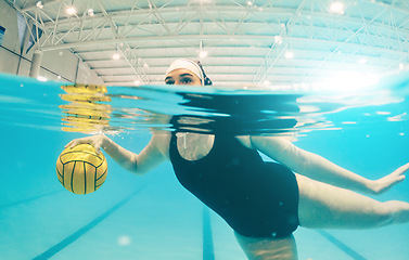 Image showing Water polo, sports and woman in swimming pool for game, competition and match practice. Professional sport, fitness and girl athlete below aqua surface with ball for training, exercise and workout