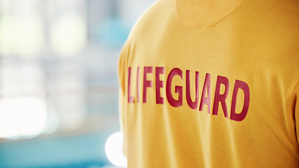 Image showing Lifeguard, closeup and swimming pool safety at indoor facility for training, swim and exercise. Pool, attendant and water sports person ready for danger, protection or diving athletics with mockup