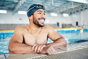 Image showing Happy athlete, relax or pool swimmer with cap or goggles in sports wellness, training or exercise for body muscle. Workout, fitness or swimming man with smile, water competition goals or healthcare