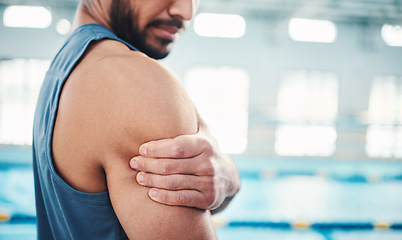 Image showing Sports, arm pain and man by swimming pool with injury, muscle ache and inflammation from workout. Wellness, medical care and hands of male with accident or bruise from fitness, exercise or training