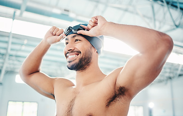 Image showing Swimming athlete, man with smile and start race, fitness and exercise at pool, motivation and active lifestyle. Water sports, happy and face with workout, training and health with wellness in sport