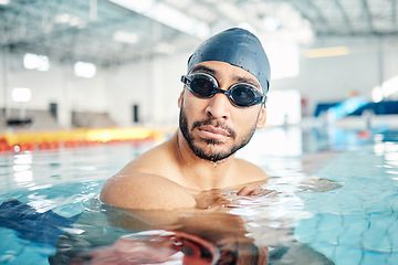 Image showing Man, face or swimmer with pool cap, goggles or gear and sports vision, ideas or mindset in Asian water competition. Training, workout or exercise for swimming athlete with fitness goals or healthcare