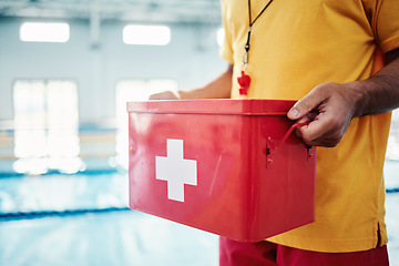 Image showing Box, safety or hands of a lifeguard by a swimming pool helping rescue the public from water danger or drowning. Zoom, trust or man with a medical kit ready for emergency injury support in an accident