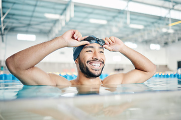 Image showing Happy, man or relax in swimming pool with cap or goggles in sports wellness, training or exercise in body muscle. Workout, fitness or swimmer athlete with smile, water competition goals or healthcare