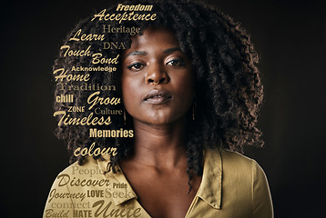 Image showing Beauty, portrait and black woman in a studio with a quote for motivation, strength or empowerment. Poster, inspiration and African female model with an afro with words overlay by a black background.