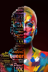 Image showing LGBTQ, gay and portrait of a woman with paint on body isolated on a black background. Freedom, love and model with rainbow painting for celebration of pride, expression and choice on a backdrop