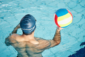 Image showing Man, swimming pool or water polo player with ball, cap or goggles in sports game, training or workout for competition fitness. Exercise, swimmer or athlete and match play equipment in challenge goals