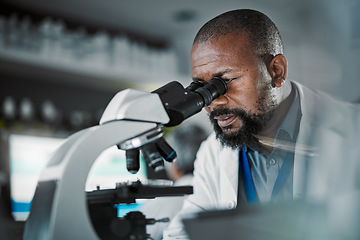 Image showing Black man scientist, microscope and lab analysis in biodiversity study, vision and research data for innovation. Agriculture science, studying microbiome and laboratory with focus for future goals