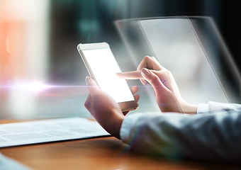 Image showing Mockup, futuristic or black woman hands with phone for finance, networking or communication in office. Stock market or zoom of trading girl for financial investment growth planning or cryptocurrency