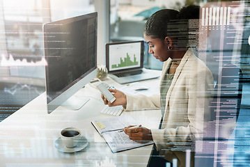 Image showing Digital, overlay or black woman with phone for finance, networking or communication in office. Stock market, happy or trading girl thinking for financial investment growth planning or cryptocurrency