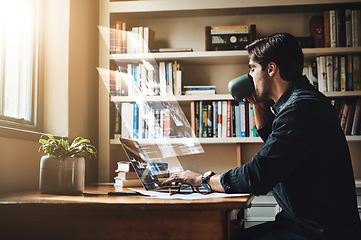 Image showing Business man with laptop, forex and futuristic digital transformation, trading graph overlay and remote work. Investment, data analytics and hologram, growth and holographic dashboard with crypto