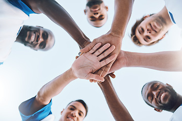 Image showing Sports, soccer and stack of hands of team for support, motivation and community with bottom view. Collaboration, teamwork and faces of football players ready for success in game, training and goals