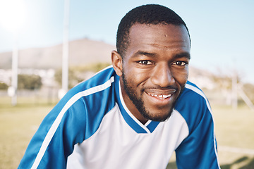 Image showing Soccer, fitness and portrait of black man with smile on face with mission and mindset for winning game in Africa. Confident, proud and happy professional football player at exercise or training match
