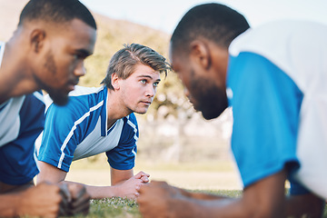 Image showing Team, push up and football player coaching on field training, practice and sports challenge with muscle support. Group, soccer people or men on grass or ground for workout fitness of personal trainer