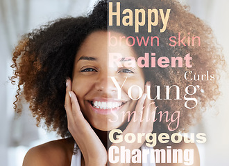 Image showing Black woman, face and beauty, quote and motivation, inspiration for self care and hair, skin and skincare portrait. Happiness, cosmetic and dermatology, quotation overlay with motivational poster