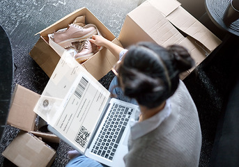 Image showing Package, online shopping and woman on laptop ecommerce, QR code and retail shoes for logistics services. Fintech, computer screen and person with fashion box, delivery notification or digital receipt